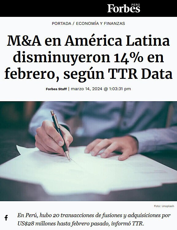 M&A en Amrica Latina disminuyeron 14% en febrero, segn TTR Data